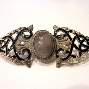 Pisces Carnelian Cabochon Black Enamel Brass Bar Brooch